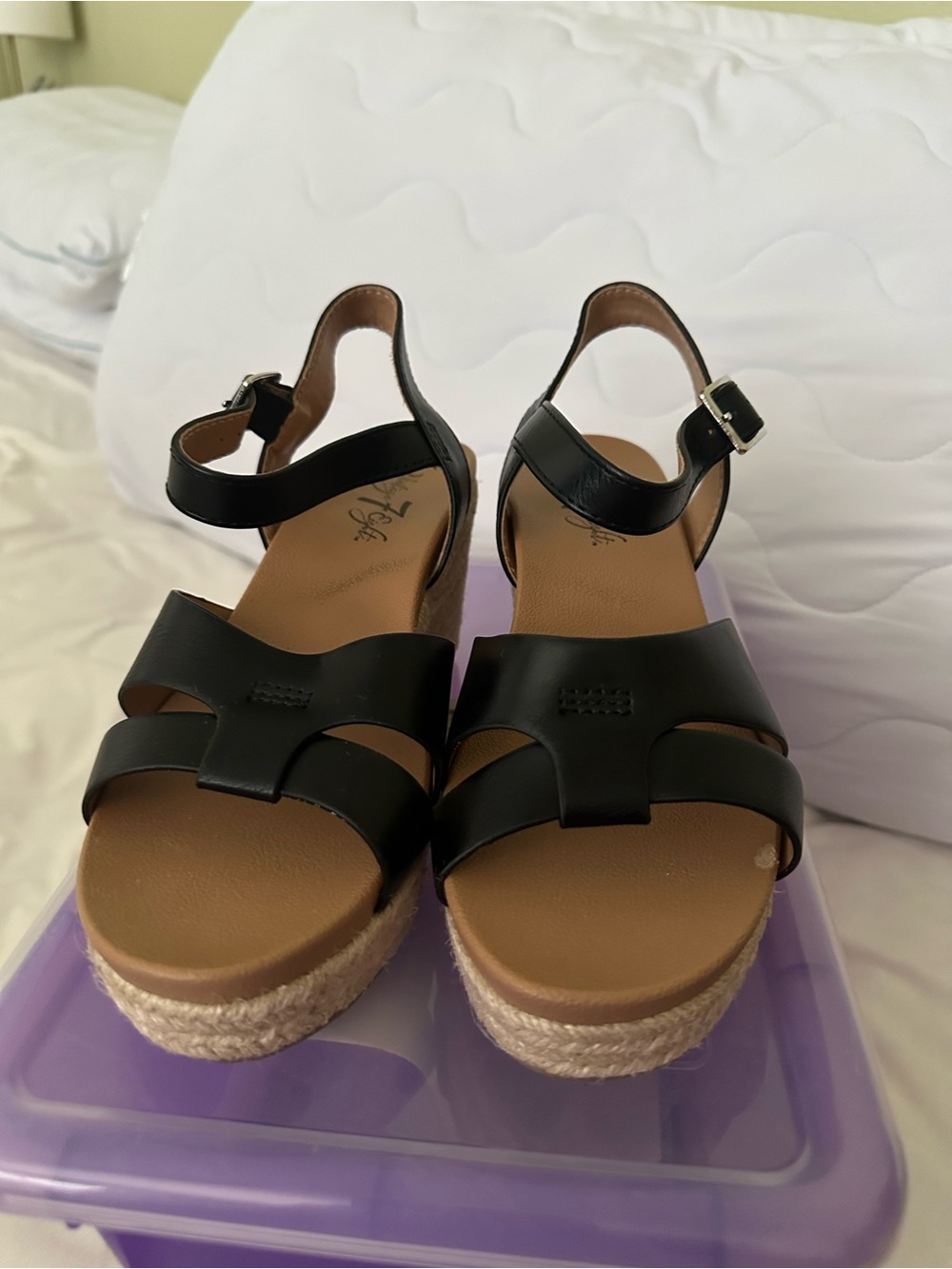 Women's Black Wedge Sandals with Ankle Strap
